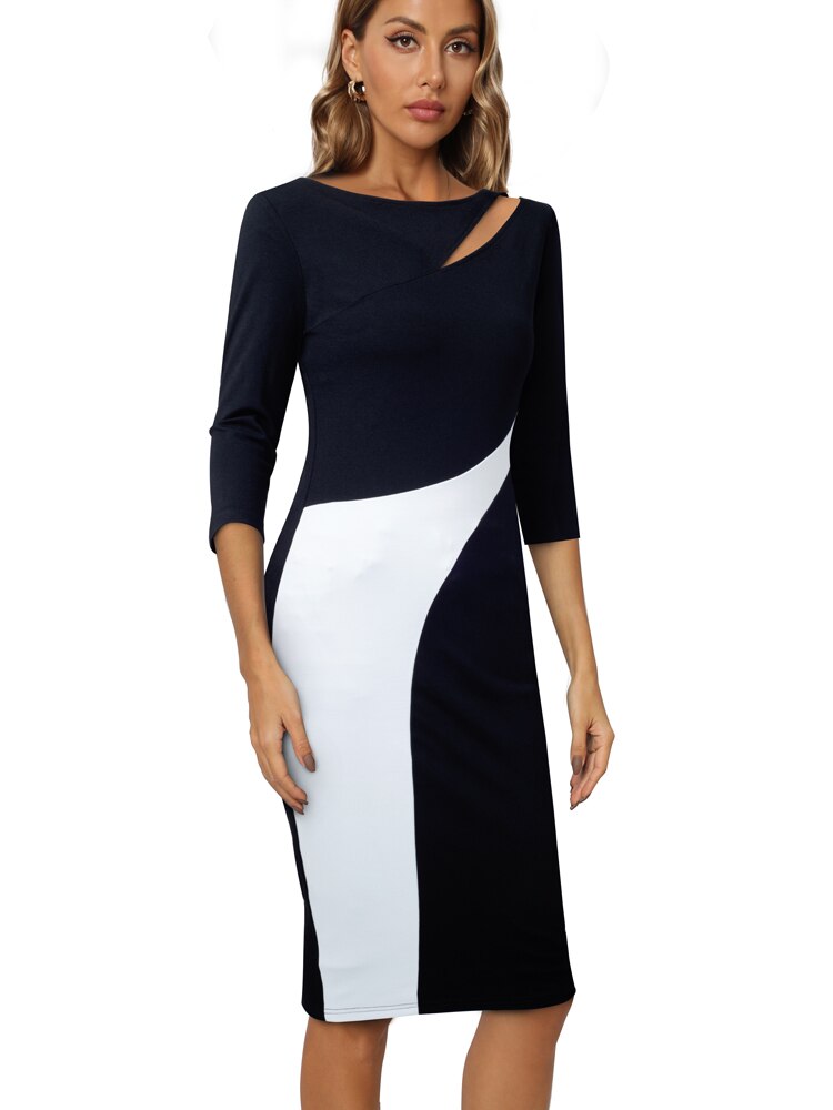 Nice-Forever Autumn Women Chic Contrast Color Patchwork Hollow Out Dresses Formal Business Elegant Bodycon Dress B762