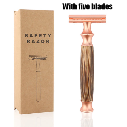 Old-fashioned Manual Control Razor Safety Fits All Double Edge Contains 5 Blades Eco Friendly Shaving Made Of Bamboo&amp;Zinc Alloy