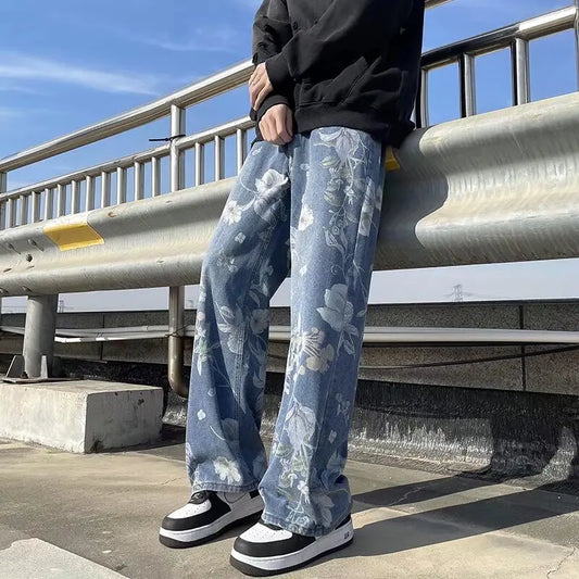 Korean Style Mens Fashion Blue Printed Jeans 2024 Spring New Floral Denim Pants High Street Loose Straight Couples Trousers