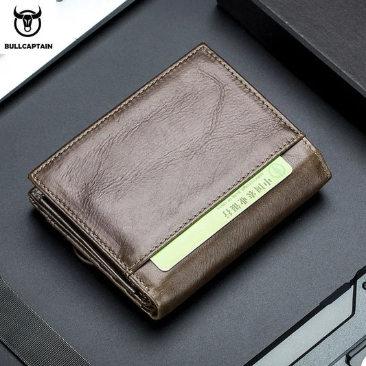 BULLCAPTAIN RFID Blocking Men's Wallet Man Vintage Cow Genuine Leather Wallet Male Handmade Billfold Coin Purse Short Wallet