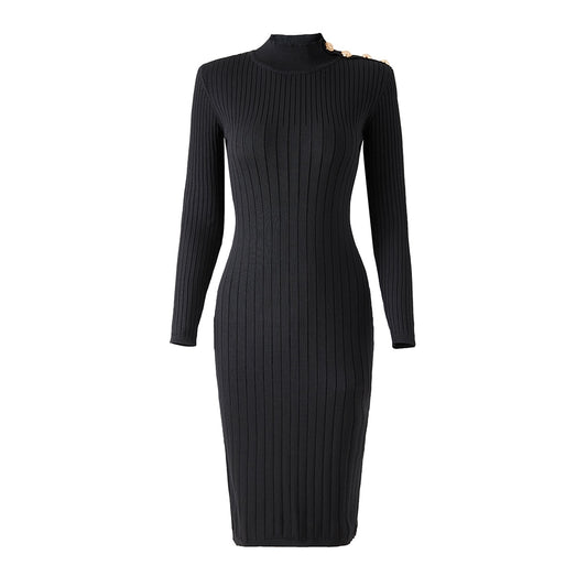 New Spring Collection Stand Collor 2 Colors Plain Knitting Caual Long Sheath Sweater Dress for Women