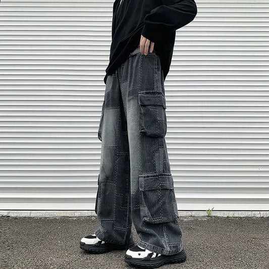 Vintage Patchwork Plaid Cargo Jeans Men Women Baggy Denim Trousers Streetwear Hip Hop Multi-Pockets Safari Style Casual