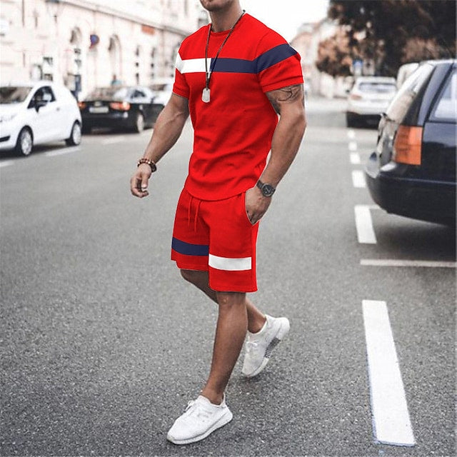 Men&#39;s T-shirt Set Crew Neck 3D Print Street Daily Short Sleeve Print Clothing Apparel 2pcs Fashion Lightweight Basic Classic
