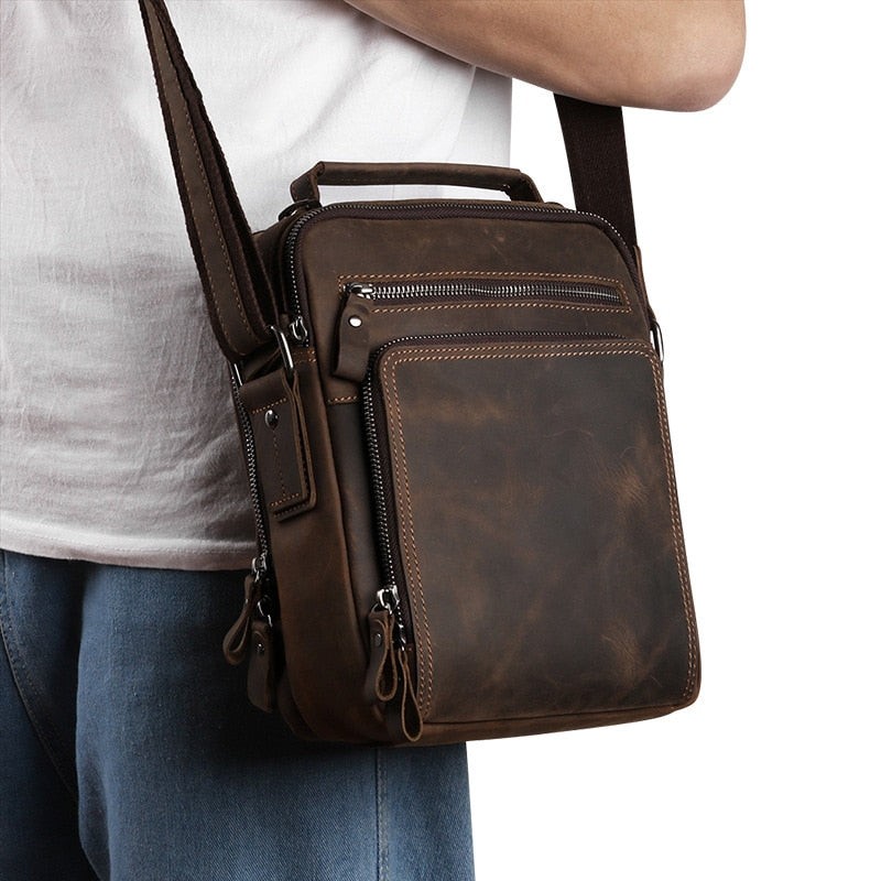 Genuine Leather Man Shoulder Bags Husband Men Crazy Horse Real Leather Messenger Crossbody Bag Side Male Cross Body Bags 2023