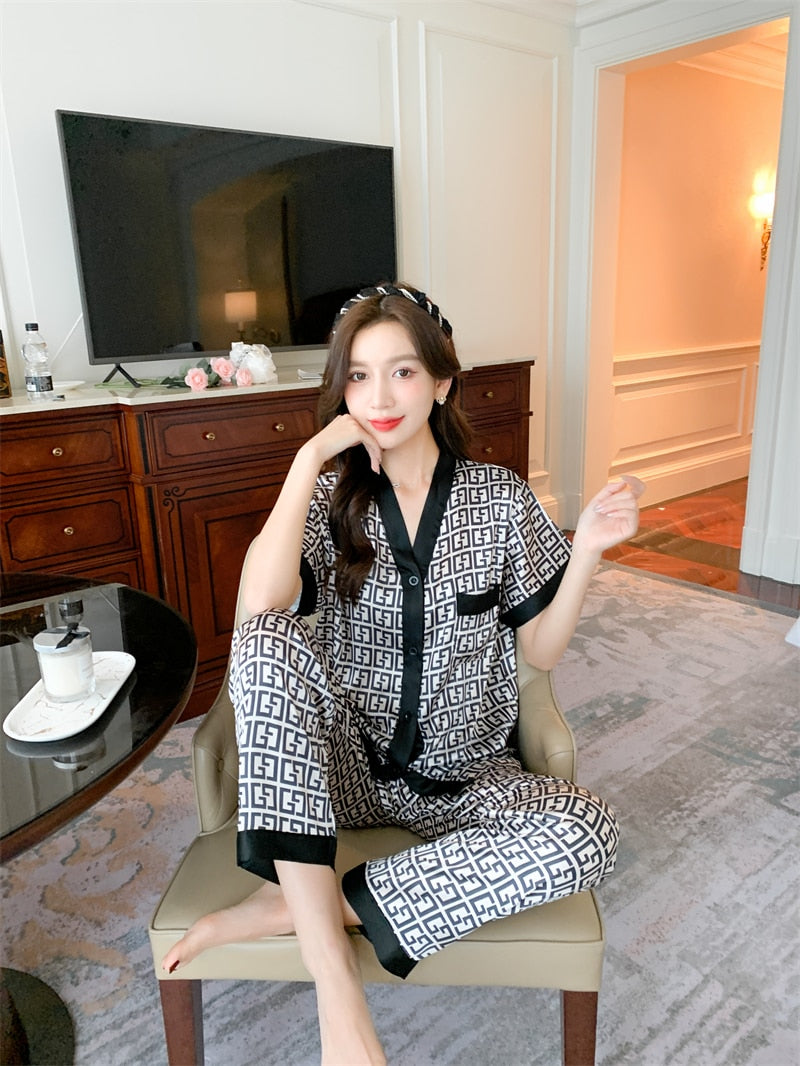 M-5XL Large Size Luxury Stain Pajamas Set Women Summer V Neck Letter Print Satin Sleepwear for Woman with Pants Home Suit Clothe