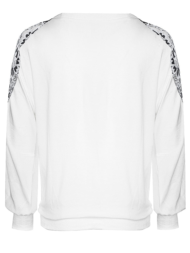 Nice-forever Winter Women Vintage Lace Patchwork with Long Sleeve T-shirts Casual Loose Tees Top bty253