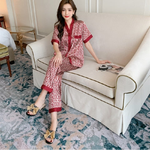 M-5XL Large Size Luxury Stain Pajamas Set Women Summer V Neck Letter Print Satin Sleepwear for Woman with Pants Home Suit Clothe