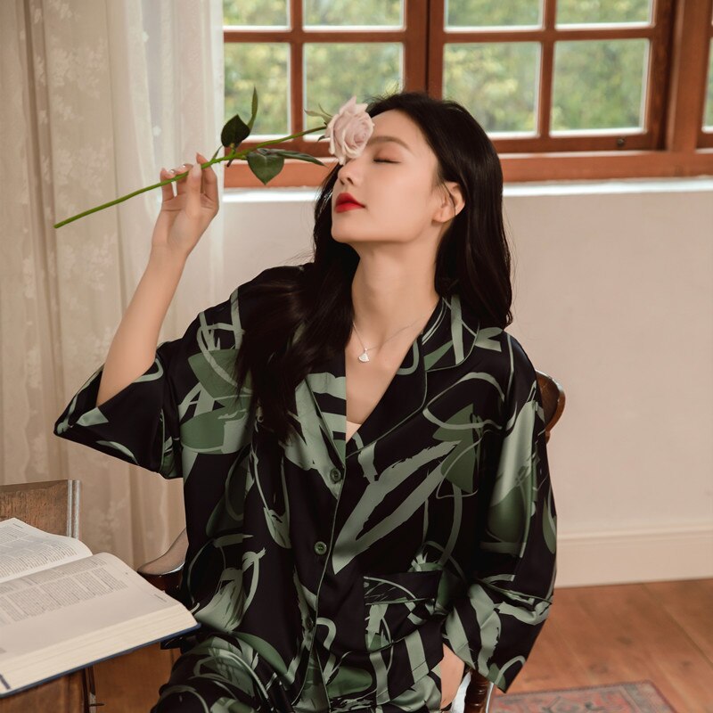 QSROCIO High Quality Women's Pajamas Set Floral Print Silk Like Sleepwear Loose Top Casual Fashion Homewear Nightwear Femme