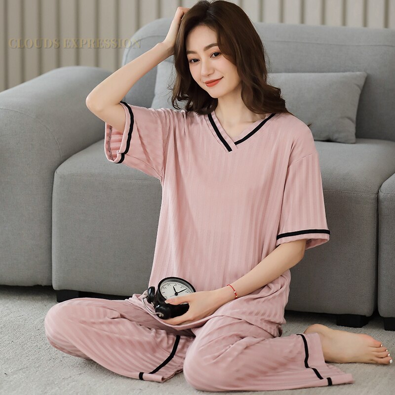 Summer Knitted Cotton Elegant Pajamas Set Women Pyjamas Polka Dots Sleepwear Nightwear Pijama Mujer Plus Size Calf-Length Pants