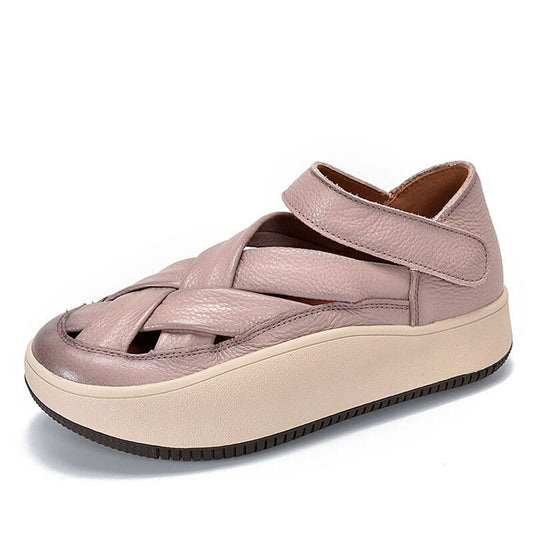 DRKANOL 2023 Fashion Women Sneakers Summer Cross Genuine Leather Hollow Out Breathable Shallow Flat Platform Casual Sneakers