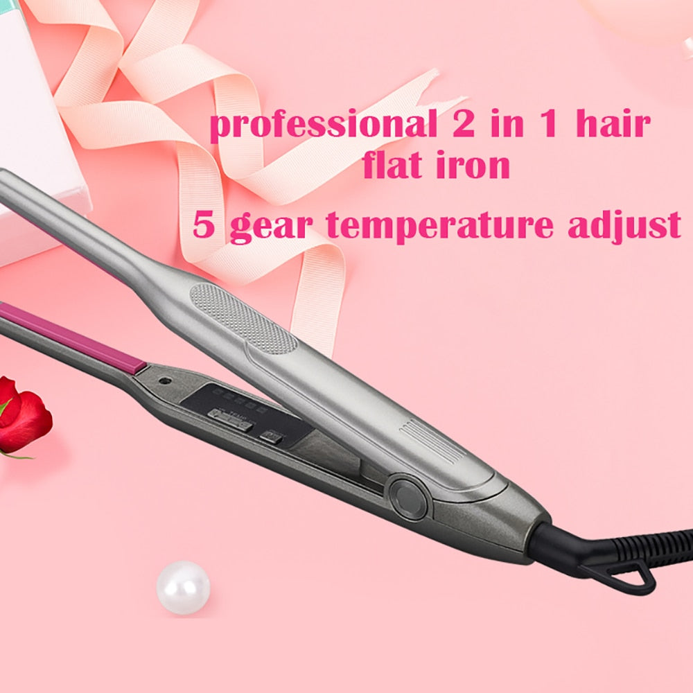 2 in 1 Flat Iron for Short Hair Wand Roller Professional Curling Anti-slip Design LED Ceramic Beard Straightener Styling Tools