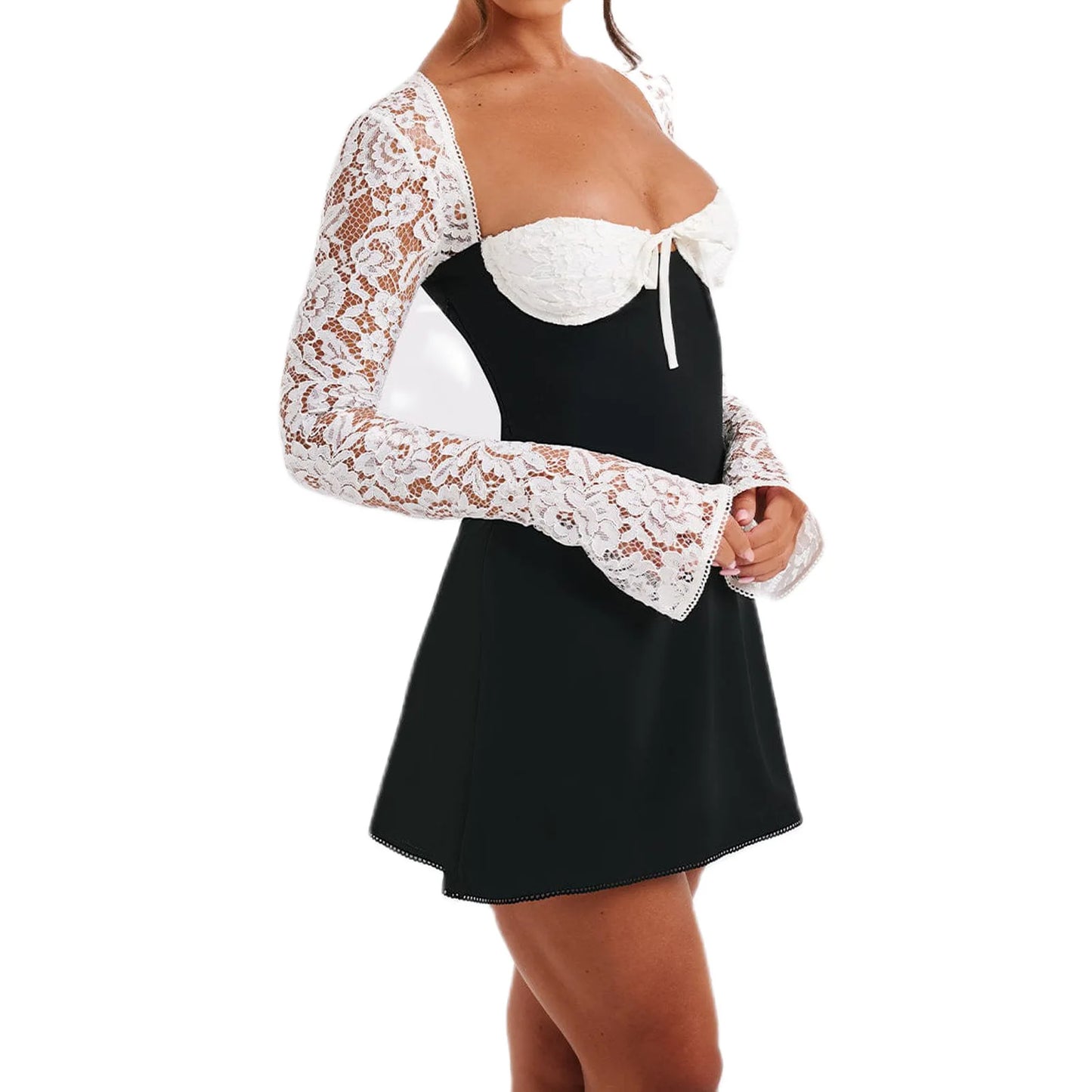 Women’s Elegant Bodycon Mini Dress Lace Long Sleeve White Dress for Spring Summer Low Cut Back Tie Dress Tunic Dress Party Wear