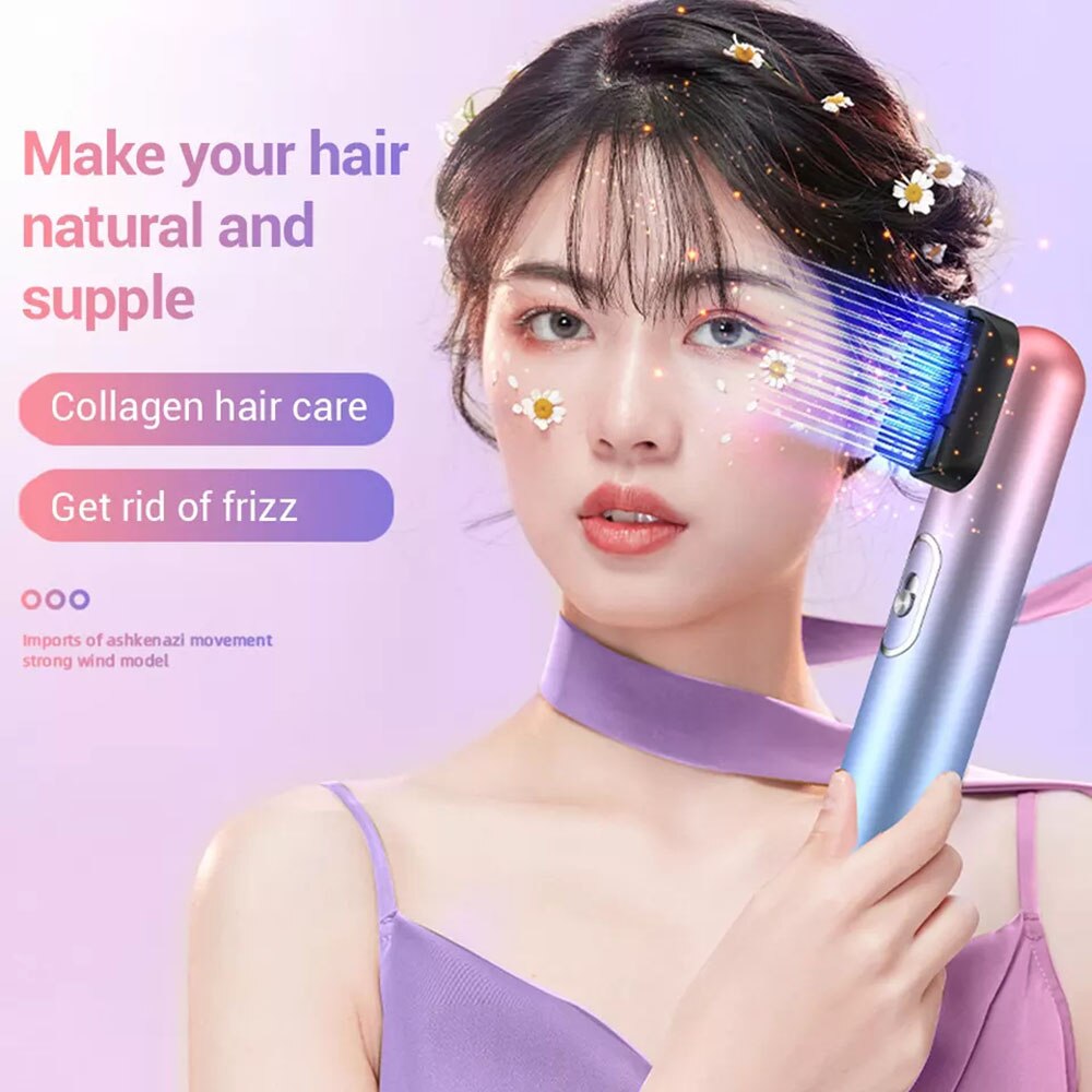 One Step Hair Dryer 3 in 1 Blue Light Negative Ion Leafless Blowdryer with 3 Air Nozzle 2 Speed Low Noise Strong Wind with Comb