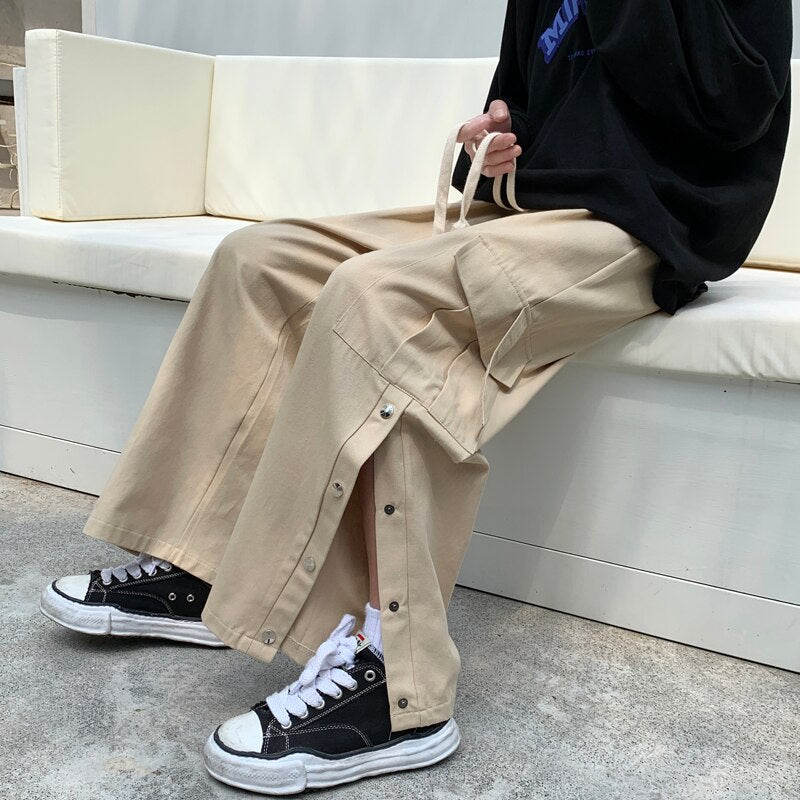Purple Wide Leg Hip Hop Cargo Pants Button Decor Men Casual Cotton Pants Loose Baggy Trousers Streetwear Joggers Men Clothing