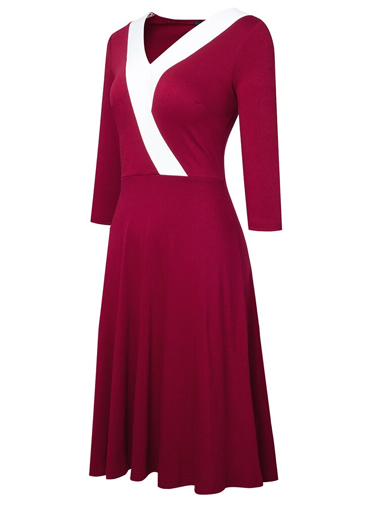 Nice-Forever Autumn Women Classy Contrast Color Patchwork Dresses Casual Party Elegant Flare Dress A320