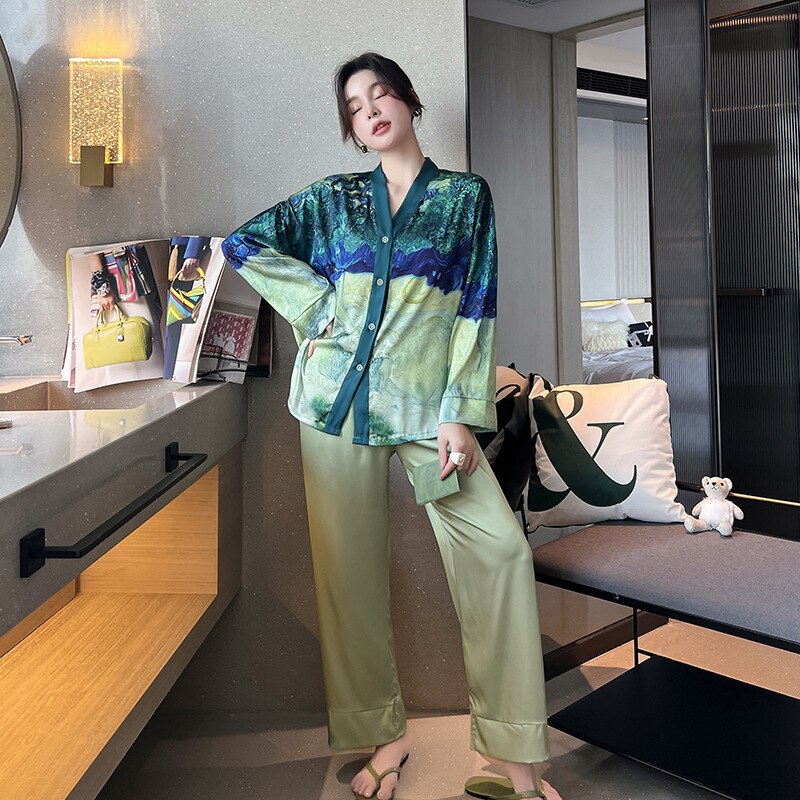 QSROCIO NEW Women's Pajamas Set Luxury Style Painting Print Sleepwear Satin Silky Touch Homewear V Neck Nightie Casual Home Suit