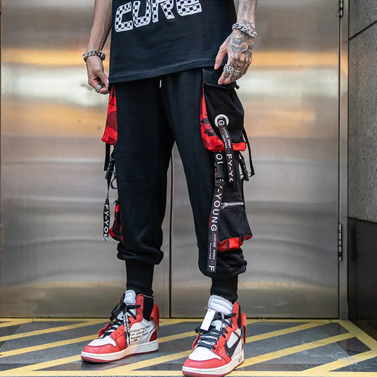 Men's Cargo Pants Casual Hip Hop Hit Color Multiple Pockets Trousers Streetwear Ribbons Techwear Sweatpants