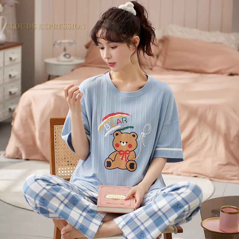 Summer Knitted Cotton Elegant Pajamas Set Women Pyjamas Polka Dots Sleepwear Nightwear Pijama Mujer Plus Size Calf-Length Pants