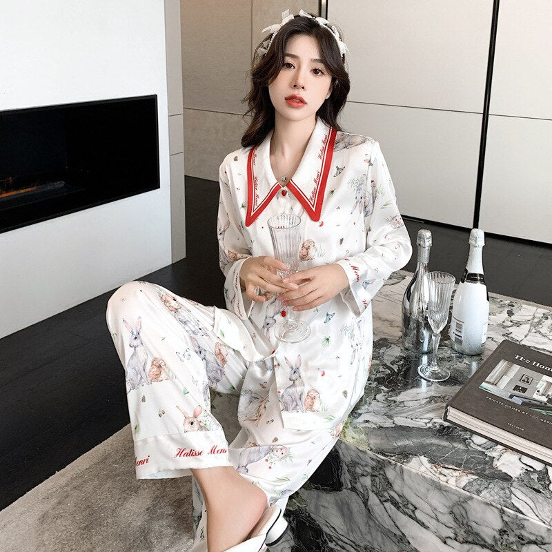 Pajamas Women's Ice Silk 2023 Spring New Long Sleeve Trousers Suit Cartoon Dream Rotating Carriage Home Wear