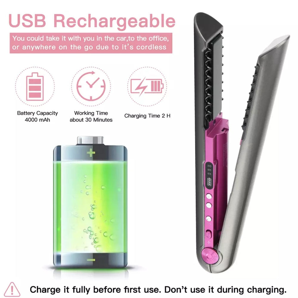 Wireless Hair Straightener with Charging Base Flat Iron Mini 2 IN 1 Roller USB 4800mah Portable Cordless Curler Dry and Wet Uses