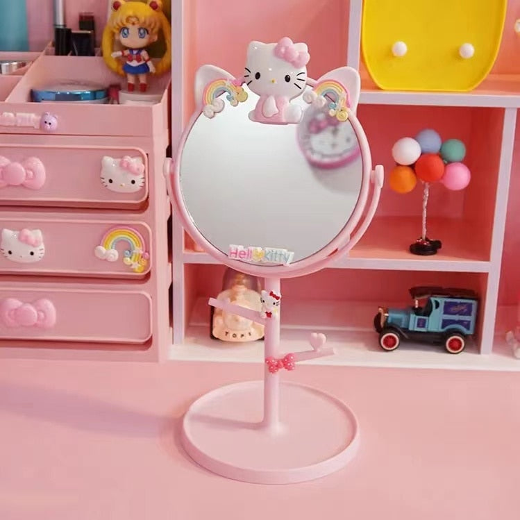 Kawaii Hello Kitty Portable Cartoon Folding Mirror Desk Mirror Round Desk Girl Cute Dressing Mirror Makeup Mirror Handle Mirror
