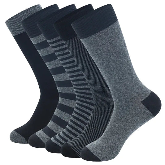 5 Pairs Large Size Fashion Business Men Dress Socks High Quality Stripe Black Gray Pure Men Cotton Socks Size EU41-48