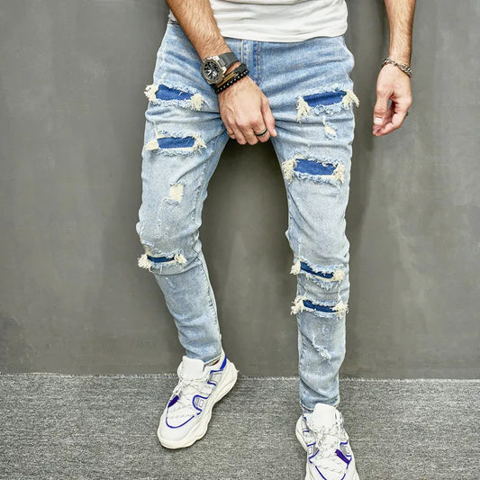 New Men Holes Casual Skinny Jeans Pants Streetwear Male Stylish Ripped Solid Hip Hop Slim Denim Trousers