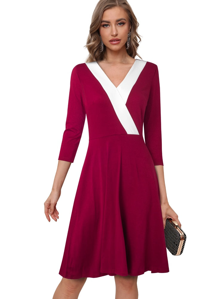 Nice-Forever Autumn Women Classy Contrast Color Patchwork Dresses Casual Party Elegant Flare Dress A320
