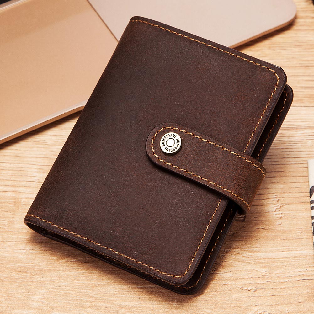 HUMERPAUL Crazy Horse Leather Mens Wallet with RFID Blocking Card Holder Mini Metal Pop Up Wallets Zipper Coin Pocket for Male