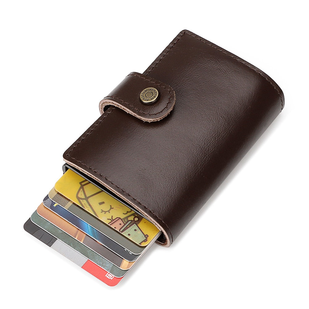 HUMERPAUL Genuine Leather Card Holder with Money Clip RFID Blocking Pop Up Smart Wallets Aluminum Men Travel Porte Carte
