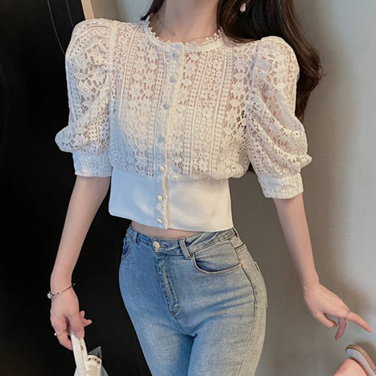 Summer O-neck Blouse Women Korean Hollow Lace White Shirt  2023 Casual Short Sleeve Button Loose Clothes Solid Female Tops 13607