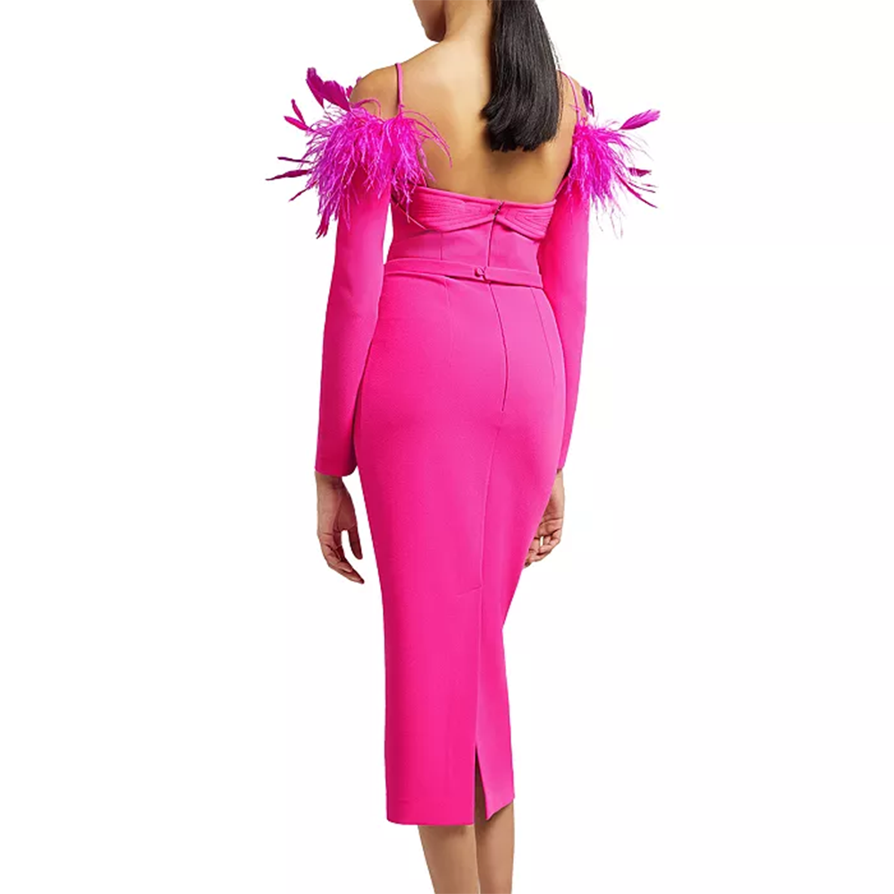 Women Elegant Bandage Dress 2023 New Sexy Feathers Long Sleeve Bodycon Clothes Club Party Evening Midi Dresses