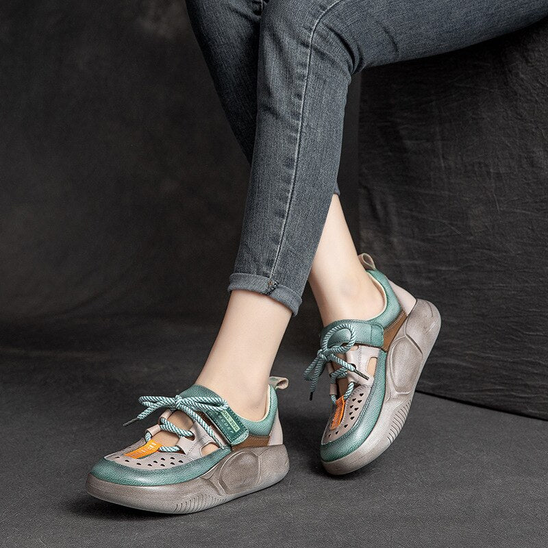 GKTINOO  Hook & Loop  Shoes Women Sneakers Genuine Leather Mixed Colors 2023 New Handmade Comfortable Retro Platform Sneakers
