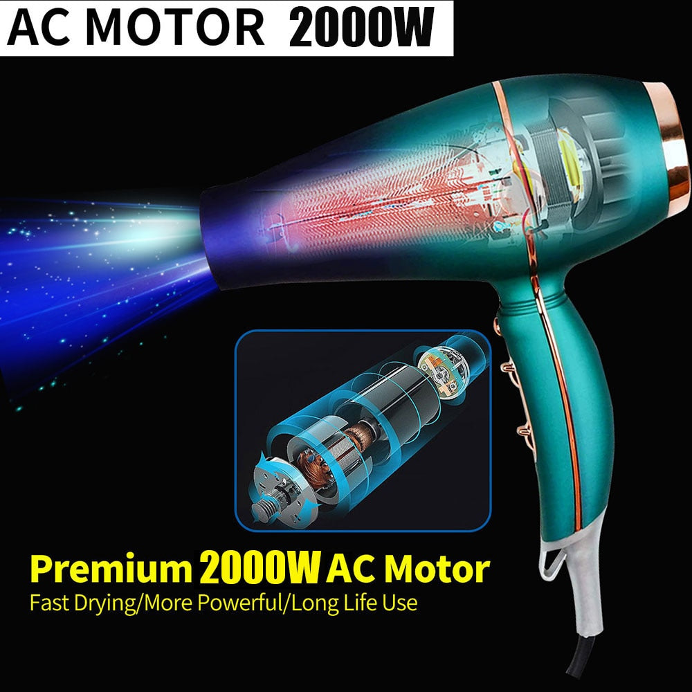 2000W Hair Dryer Professional Salon Negative Ionic Blowdryer with Diffuser Nozzle 2 Speed 3 Heat Settings Low Noise Strong Winds