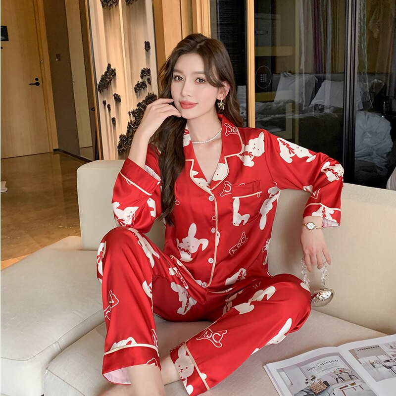 Pajamas Women's Ice Silk 2023 Spring New Long Sleeve Trousers Suit Cartoon Dream Rotating Carriage Home Wear