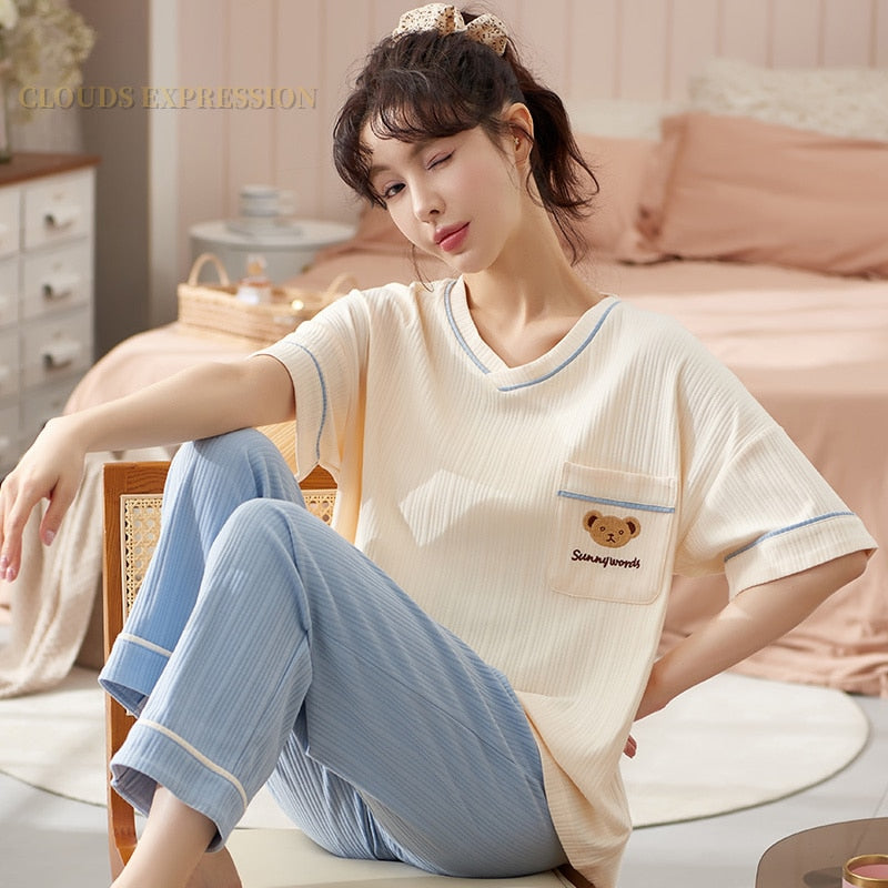 Summer Knitted Cotton Elegant Pajamas Set Women Pyjamas Polka Dots Sleepwear Nightwear Pijama Mujer Plus Size Calf-Length Pants