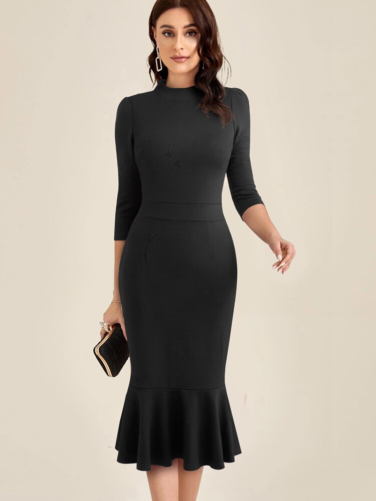Nice-Forever Autumn Women Classy Stand Collar Plain Dresses Formal Party Elegant Mermaid Dress B741