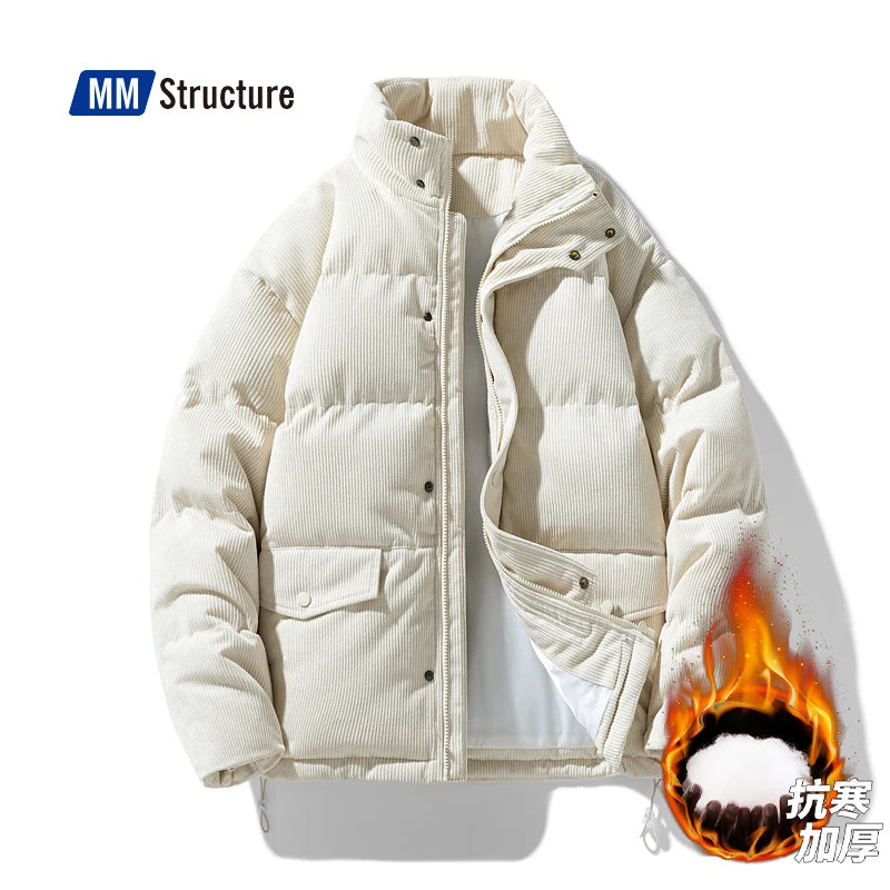 Winter Warm Parkas Men Corduroy Patchwork Military Stand Collar Loose Oversize Warm Cotton Jacket Casual Fashion Brand Coat