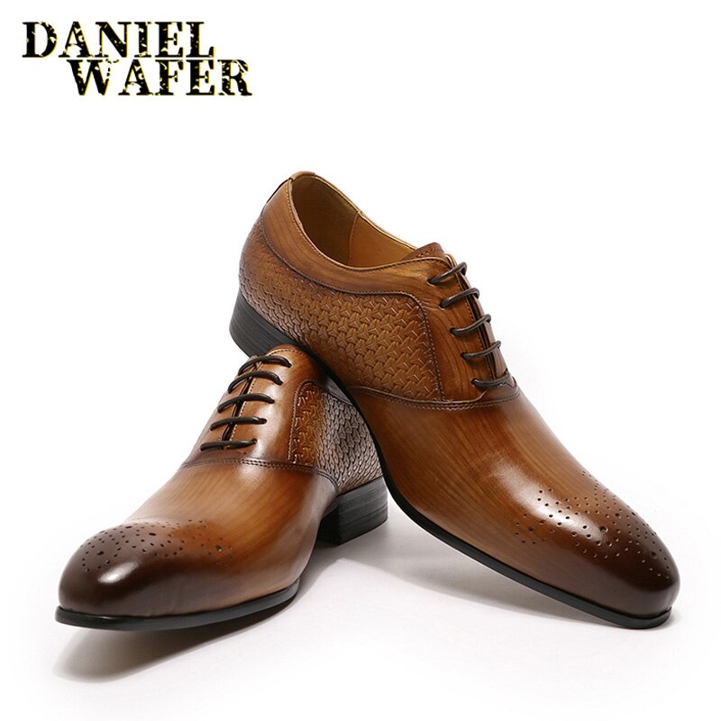 Luxury Mens Oxford Shoes Genuine Leather Prints Brown Black Lace-Up Pointed Toe Office Wedding Dress Formal Oxford Shoes for Men