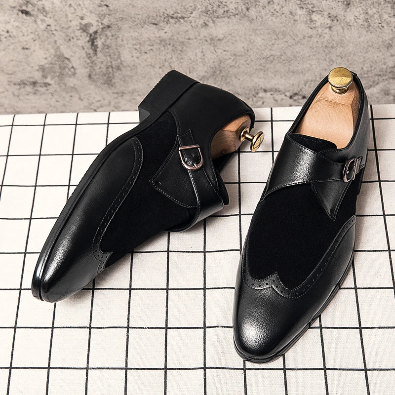 Monk Shoes Men Shoes PU Stitching Fashion Business Casual Party Daily Faux Suede Plaid Single Buckle Classic Dress Shoes CP101