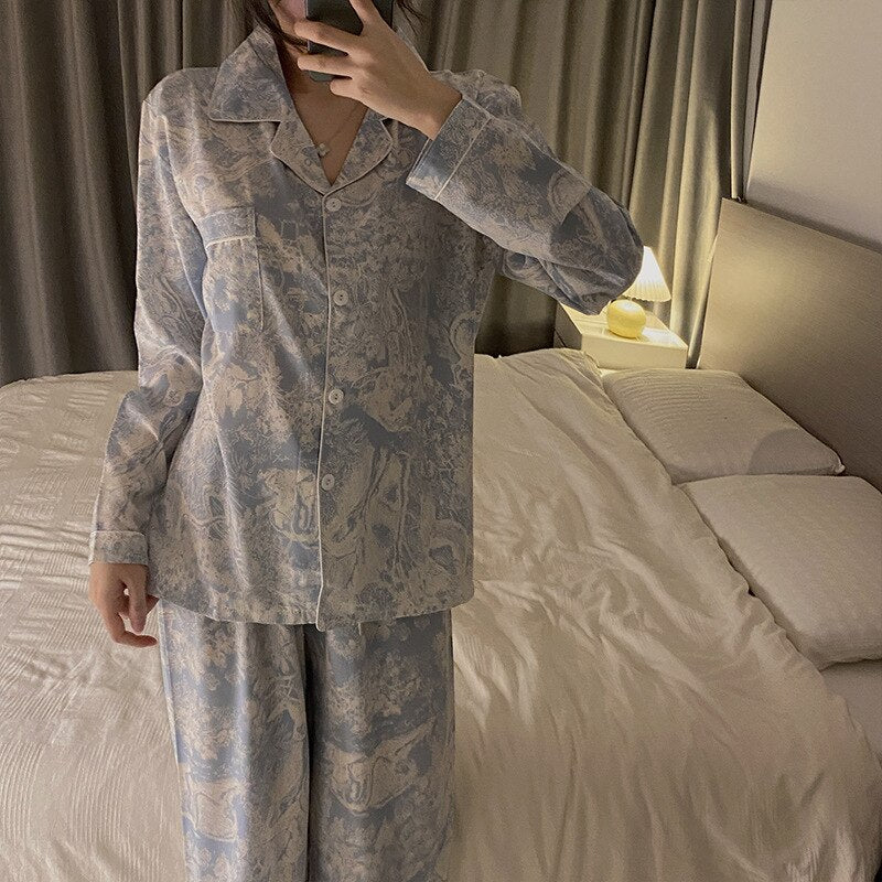 Women's 2 Piece Pajamas Set Floral Pijama Faux Silk Satin Pyjama Female Sleepwear Long Sleeve Lapel Shirt Pants Suits Homewear