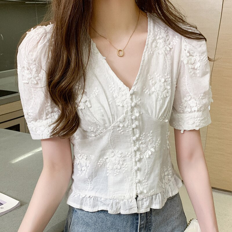 Sweet White Lace Tops Women Casual Puff Short Sleeve V-neck Embroidered Shirt 2023 Fashion Clothes Elegant Elastic Blouse 9778