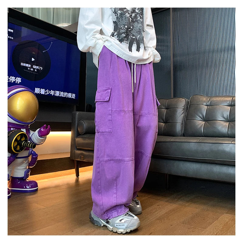 Multi-Pocket Washed Cargo Pants Men Women Y2K Vintage Streetwear Loose Oversized Straight Wide-Leg Jeans Dark Green/Purple
