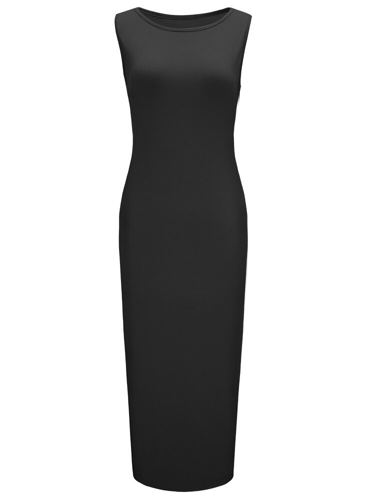 Nice-forever Summer Women Fashion Green Color Midi Dresses Casual Side Split Slim Straight Dress B634