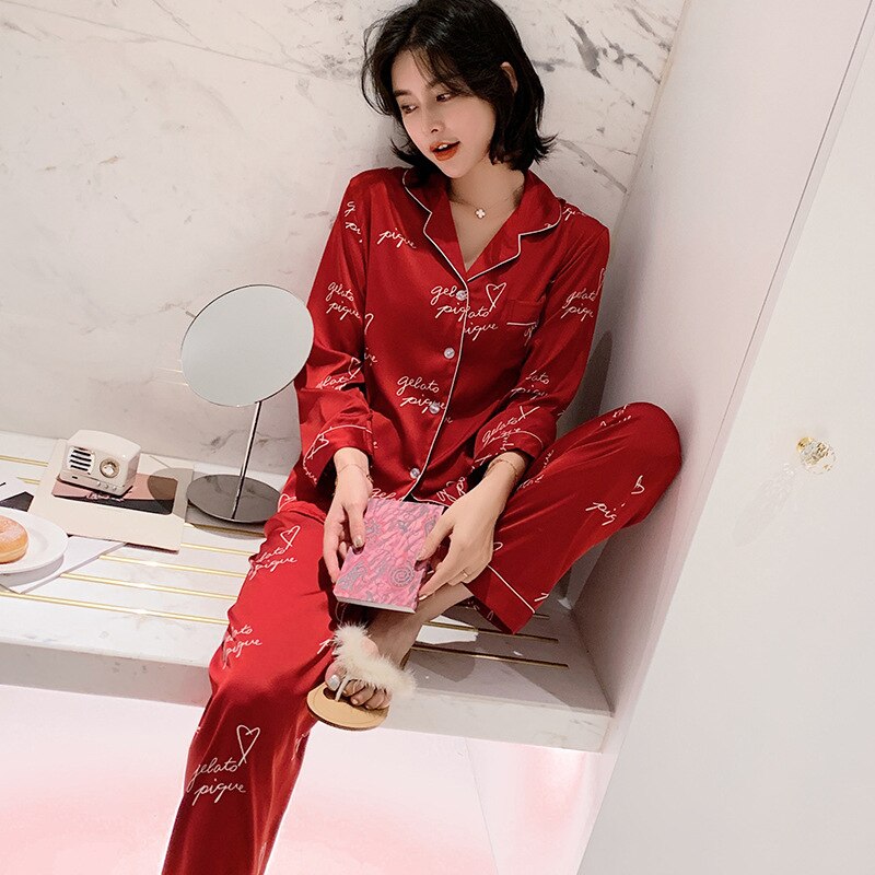 QSROCIO Simulation Silk Pajamas Women Summer Thin Long Sleeved Cardigan Two-piece Set Fashion Letter Printing Home Clothing