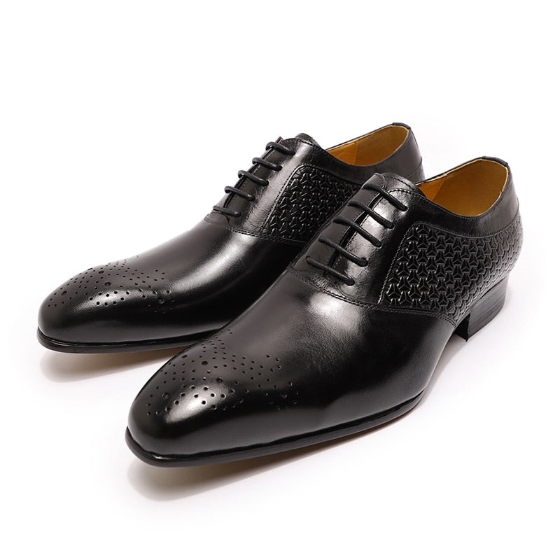 Luxury Mens Oxford Shoes Genuine Leather Prints Brown Black Lace-Up Pointed Toe Office Wedding Dress Formal Oxford Shoes for Men