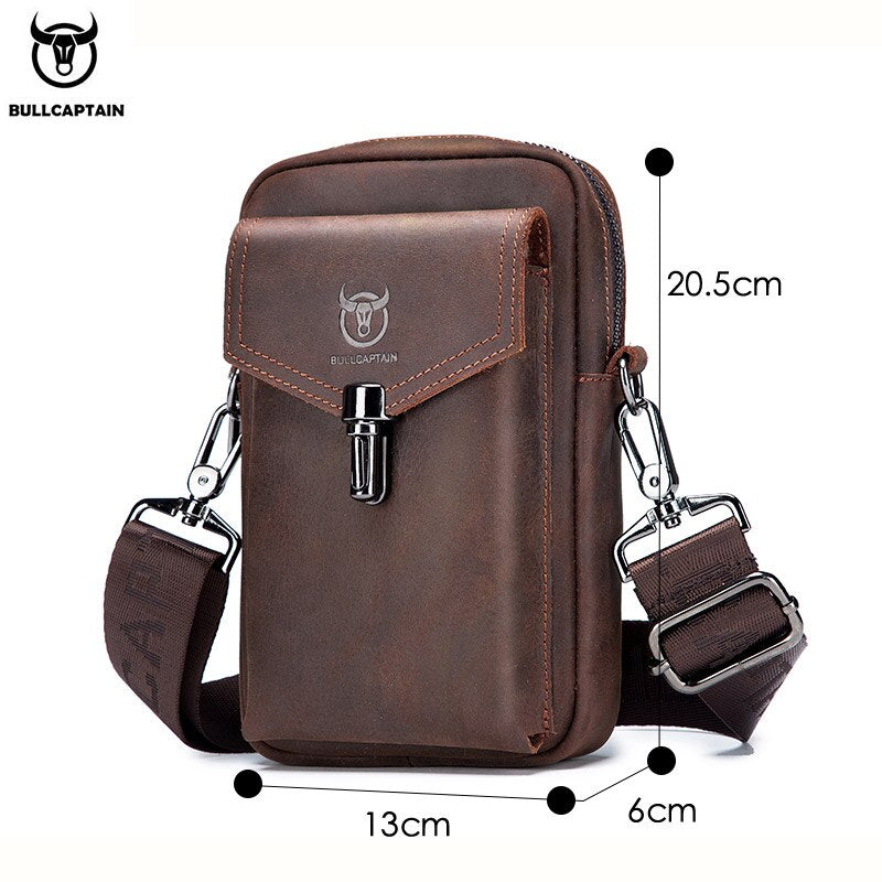 BULLCAPTAIN Crazy Horse Leather Men's Waist Bags Multifunctional 7-inch Mobile Phone Bag Bag Male Shoulder Messenger Bages Brown