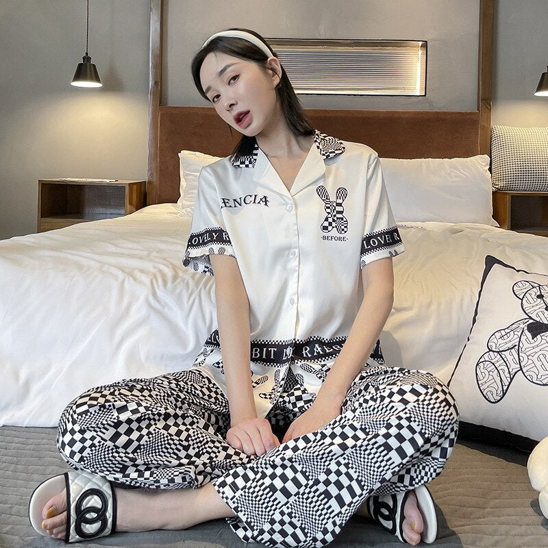 Pajamas Women's Ice Silk 2023 Spring New Long Sleeve Trousers Suit Cartoon Dream Rotating Carriage Home Wear