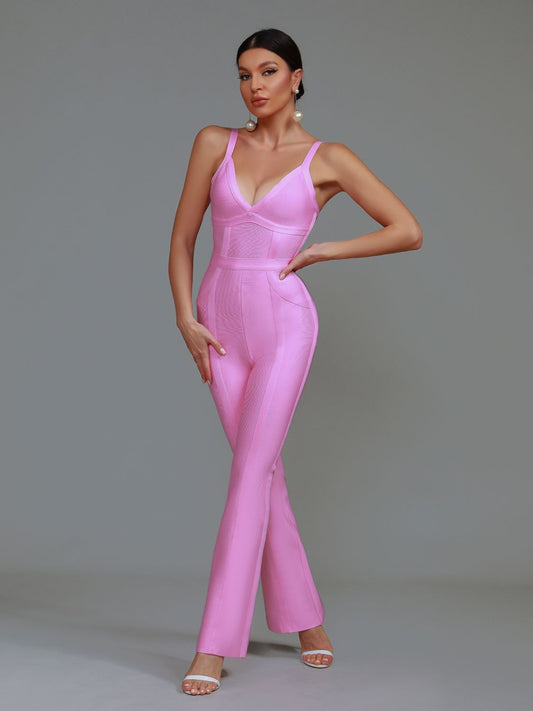 Ribbed Pink Bandage Jumpsuit Women Wide Leg Jumpsuit Bodycon Elegant Sexy Birthday Evening Party Club Outfits Summer 2023