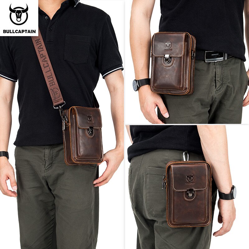 BULLCAPTAIN Crazy Horse Leather Male Waist Pack Phone Pouch Bags Waist Bag Men's Small Chest Shoulder Belt Bag Back Pack YB075